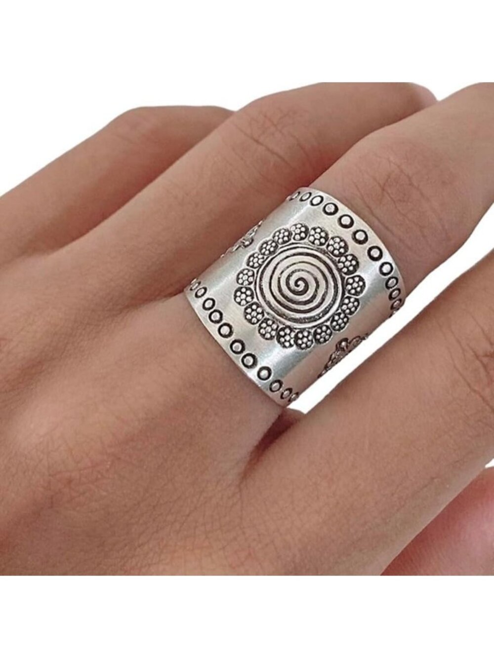 Boho Sterling Silver Mandala Ring | Adjustable Ethnic Tribal Sun Ring 6-12